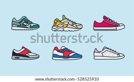 Sneaker Shoe Minimal Color Flat Line Stroke Icon Pictogram Symbol Illustration Set Collection