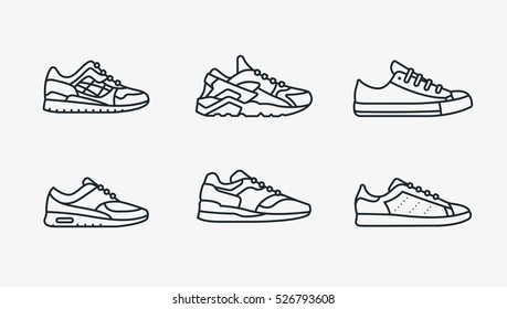 Кроссовки обуви минималистский плоской линии контуры ход значок пиктограмма набор символов коллекция