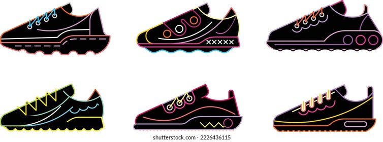 Sneaker Shoe Minimalistic Flat Neon Line Outline Stroke Icon Pictogram Symbol Set Collection