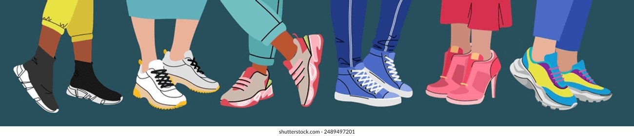 Sneaker-Schuh. Sportmädchen in Fashion Boots, Fußbekleidung trendy casual. Active Run Kollektion im Vintage-Stil. Hipster Flat Design, Art Doodle Lifestyle weibliche Beine. Vektorgrafik Cartoon Flat Isolated Icon