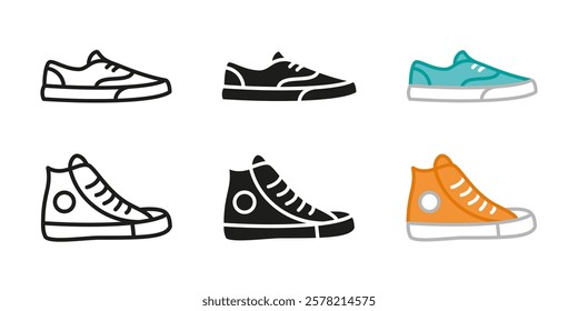 Sneaker shoes icon set. Low, mid and top sneakers vector illustration. Casual style footwear symbol. Fashionable shoe collection. Trendy and fashionable sportswear pictogram. High boots silhouette.