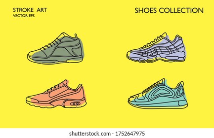 Sneaker shoes. Minimalistic flat line outline stroke drawing. Sport pictogram symbol set collection. Sneakers sport icon. Line art training shoes. Stroke drawn sneakers. Running trendy footwear set.