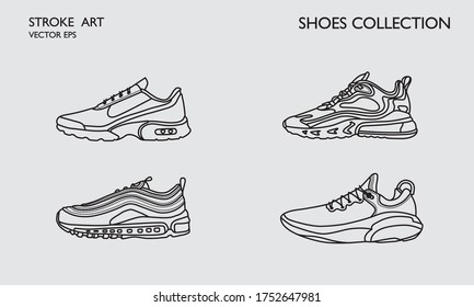 Sneaker shoes. Minimalistic flat line outline stroke drawing. Sport pictogram symbol set collection. Sneakers sport icon. Line art training shoes. Stroke drawn sneakers. Running trendy footwear set.