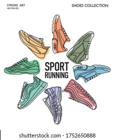 Sneaker shoes. Minimalistic flat line outline stroke drawing. Sport pictogram symbol set collection. Sneakers sport icon. Line art training shoes. Stroke drawn sneakers. Running trendy footwear set.