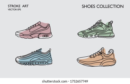 Sneaker shoes. Minimalistic flat line outline stroke drawing. Sport pictogram symbol set collection. Sneakers sport icon. Line art training shoes. Stroke drawn sneakers. Running trendy footwear set.