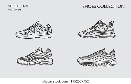 Sneaker shoes. Minimalistic flat line outline stroke drawing. Sport pictogram symbol set collection. Sneakers sport icon. Line art training shoes. Stroke drawn sneakers. Running trendy footwear set.