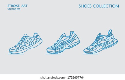 Sneaker shoes  Minimalistic flat line outline stroke drawing  Sport pictogram symbol set collection  Sneakers sport icon  Line art training shoes  Stroke drawn sneakers  Running trendy footwear set 