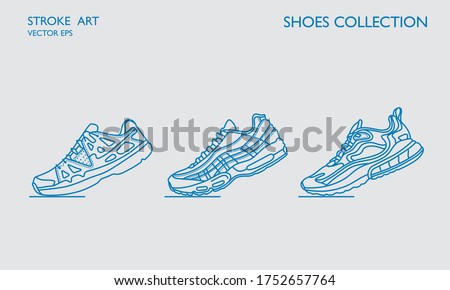 Sneaker shoes. Minimalistic flat line outline stroke drawing. Sport pictogram symbol set collection. Sneakers sport icon. Line art training shoes. Stroke drawn sneakers. Running trendy footwear set.
