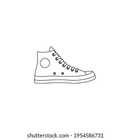 Sneaker shoes vector icon. Outlined black and white illustration of retro sport shoes on white background. Fashion, trends, healthy lifestyle, comfort, style concepts.