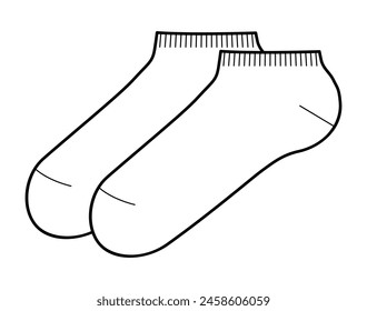 Sneaker Socks Längenset. Mode Strumpfwaren Accessoire Bekleidung technische Illustration Strumpf. Vektorgrafik vorne, Seitenansicht für Herren, Damen, Unisex-Stil, flache Vorlage CAD Mockup-Skizze auf weißem Hintergrund