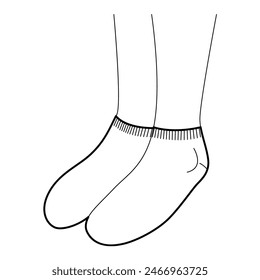Sneaker Socks on women legs line style. Hosiery Fashion accessory clothing technical illustration stocking. Vector 3-4 view, flat template mockup sketch outline isolated on white background 