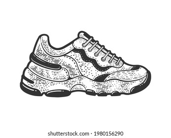 sneaker sport trainers athletic shoe line art sketch engraving vector illustration. T-shirt apparel print design. Scratch board imitation. Black and white hand drawn image.