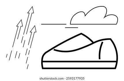 Sneaker with upward arrows and a cloud symbolizing speed, progress, and aspiration. Ideal for sports, fitness, movement, sportswear, endurance, running, and motivation themes. Line metaphor