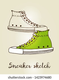 Sneaker vector color sketch, hand drawn active shoe illustration isolated on beige background