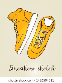 Sneaker vector color sketch, hand drawn active shoe illustration isolated on beige background