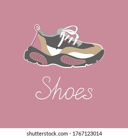 Sneaker in vector illustration, quote shoes isolated on pink background. Boots, footwear design. Poster, print, ornament. Pink, white, gray, beige colors. Sport, casual, life style. Text, lettering.