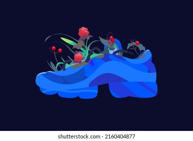 Sneaker in which the berries grew. The victory of the natural world over the world of things. Vector illustration