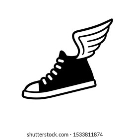 Sneaker with wings logo, black and white drawing. Classic sports shoe vector illustration.