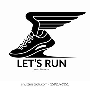 Sneaker with wings. Running sport shoe symbol, icon, logo. Let's run concept. Vector illustration