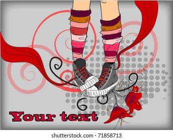 Sneakers at an abstract Floral background, vector