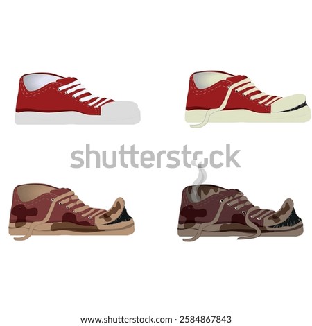 Sneakers in the aging process, old and dirty sneakers. vector illustration.