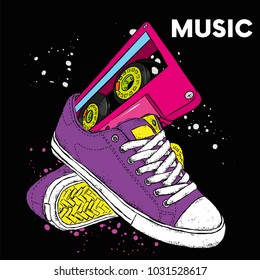 Sneakers and audiocassette. Music and shoes. Retro, vintage, 80s and 90s.