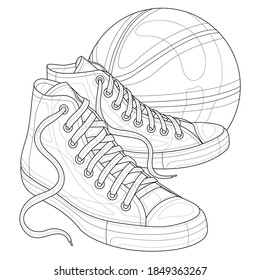 Sneakers with a basketball .Coloring book antistress for children and adults. Illustration isolated on white background.Zen-tangle style.