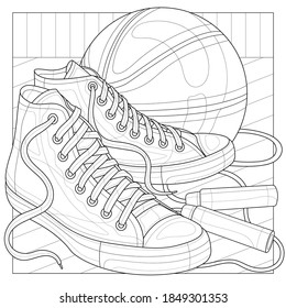 
Sneakers with a basketball and a 
Jump rope.Coloring book antistress for children and adults. Illustration isolated on white background.Zen-tangle style.