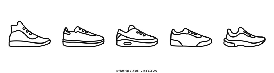 Juego de Vector de línea negra. Contorno de zapatos deportivos con estilo. Logo de zapatillas. Zapatillas de running Vector. Zapatillas simples modernas sobre un Vector de fondo blanco.