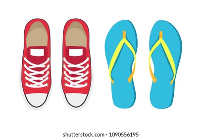 Sneakers and blue flip-flops set, pair of training shoes comfortable to wear, walking long distances, collection vector illustration isolated on white
