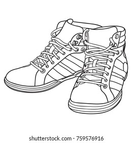 Sneakers boots pair isolated. Hand drawn vector illustration. Sport boots hand drawn for logo, poster, postcard, fashion booklet, flyer. Vector sketch sneakers.