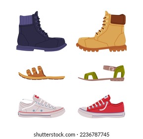 Sneakers, Boots and Sandal of Different Type as Casual Man and Woman Footwear Vector Set