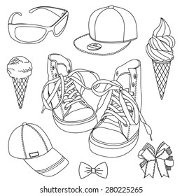 Sneakers, cap, sunglasses, ice cream, bow. The design elements. Vector illustration.
