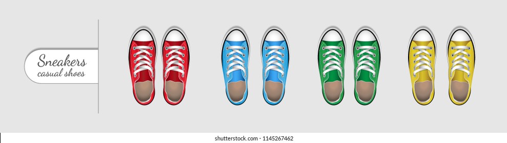 Sneakers are casual shoes. Four pairs of sneakers of different colors. School shoes.