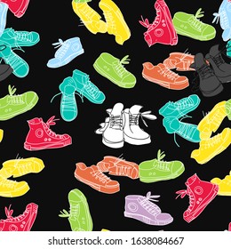 Sneakers colorful seamless pattern. Doodle vector seamless background