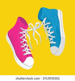 Sneakers in the colors of the pansexual flag with laces tied together.