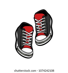 Sneakers converse shoes pair isolated. Hand drawn vector illustration of black red shoes. Sport boots hand drawn for logo, poster, postcard, fashion booklet, flyer. Vector sketch sneakers. Kids shoes.