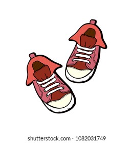 Sneakers converse shoes pair isolated. Hand drawn vector illustration of red shoes. Sport boots hand drawn for logo, poster, postcard, fashion booklet, flyer. Vector sketch sneakers. Red kids shoes.