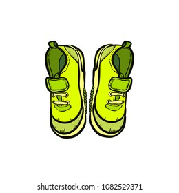 Sneakers converse shoes pair isolated. Hand drawn vector illustration of green shoes. Sport boots hand drawn for logo, poster, postcard, fashion booklet, flyer. Vector sketch sneakers.Green kids shoes