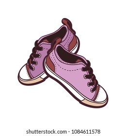 Sneakers converse shoes pair isolated. Hand drawn vector illustration of shoes. Sport boots hand drawn for logo, poster, postcard, fashion booklet, flyer. Vector sketch sneakers. Purple sport shoes.