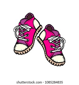 Sneakers converse shoes pair isolated. Hand drawn vector illustration of pink shoes. Sport boots hand drawn for logo, poster, postcard, fashion booklet, flyer. Vector sketch sneakers. Pink kids shoes.