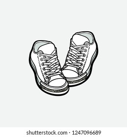 Sneakers converse shoes pair isolated. Hand drawn vector illustration black white shoes. Sport boots hand drawn for logo, poster, postcard, fashion booklet, flyer. Vector sketch sneakers. Sport shoes.