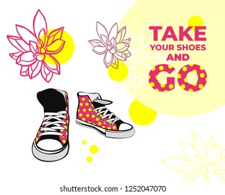 Sneakers converse shoes pair isolated. Hand drawn vector illustration of pink shoes with polka dots and succulent flowers. Sport boots hand drawn for logo, poster, postcard, fashion booklet, flyer.