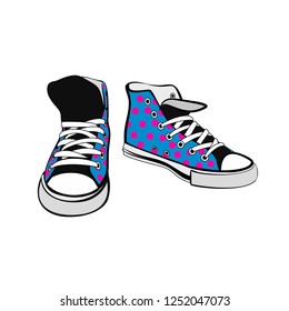 Sneakers converse shoes pair isolated. Hand drawn vector illustration of blue shoes with polka dots. Sport boots hand drawn for logo, poster, postcard, fashion booklet, flyer. Vector sketch sneakers