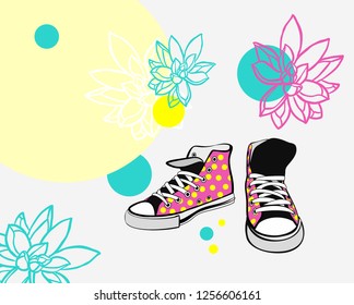 Sneakers converse shoes pair isolated. Hand drawn vector illustration of pink shoes with polka dots and succulent flowers. Sport boots hand drawn for logo, poster, postcard, fashion booklet, flyer.