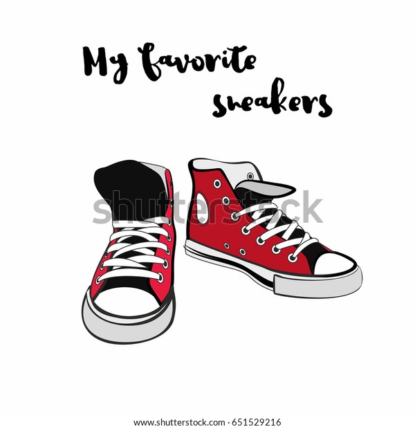 Sneakers converse shoes pair isolated. Hand drawn
vector illustration of red shoes. Sport boots hand drawn for logo,
poster, postcard, fashion booklet, flyer. Vector sketch sneakers.
Red kids shoes.