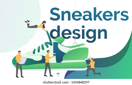 Sneakers design landing page template. Fashion designers constructing sneakers. Fashion concept. Vector illustration can be used for sport brand, footwear production, athletic shoes
