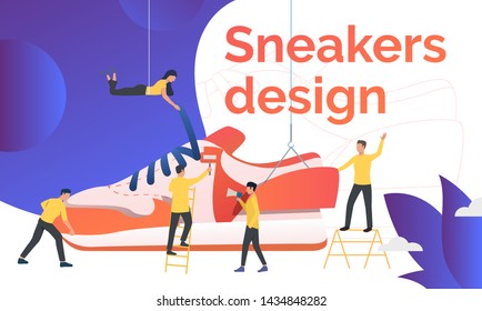 Sneakers Design Presentation Slide Template. Team Of Workers Producing Sneakers. Fashion Concept. Vector Illustration Can Be Used For Topics Like Sport Brand, Footwear Production, Marketing