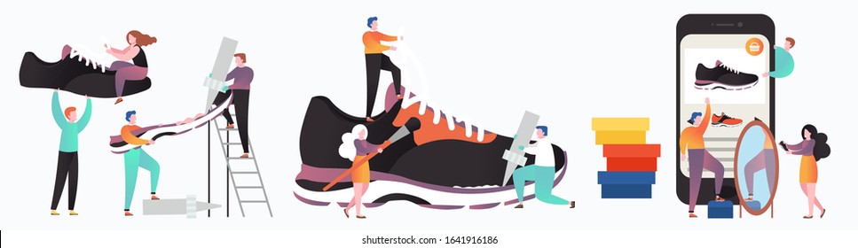 Sneakers designing, manufacturing process and online distance sale through web store using mobile commerce app, vector illustration. Sports shoes making, footwear production.