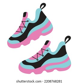Sneakers doodle icon, a pair of female running shoes, women trainers for fitness and sport, sportswear vector illustration, outfit for exercises in gym and at home, isolated colored clipart